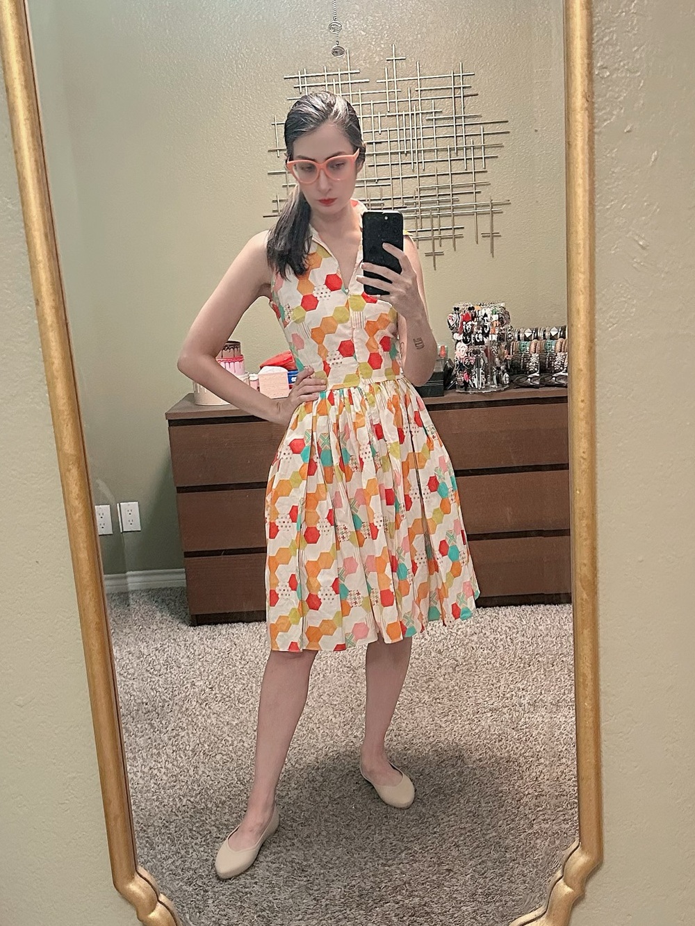 Bernie Dexter White Dress with Orange, Yellow & Teal Hex Print